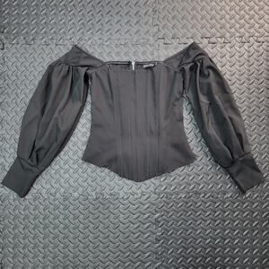PrettyLittleThing Black Off Shoulder Corset Top Size 4 Puff Sleeve